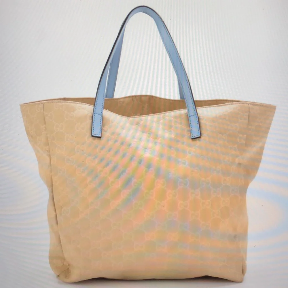 #0212 Gucci GG Beige Canvas & Baby Blue Leather Tote - Picture 2 of 11